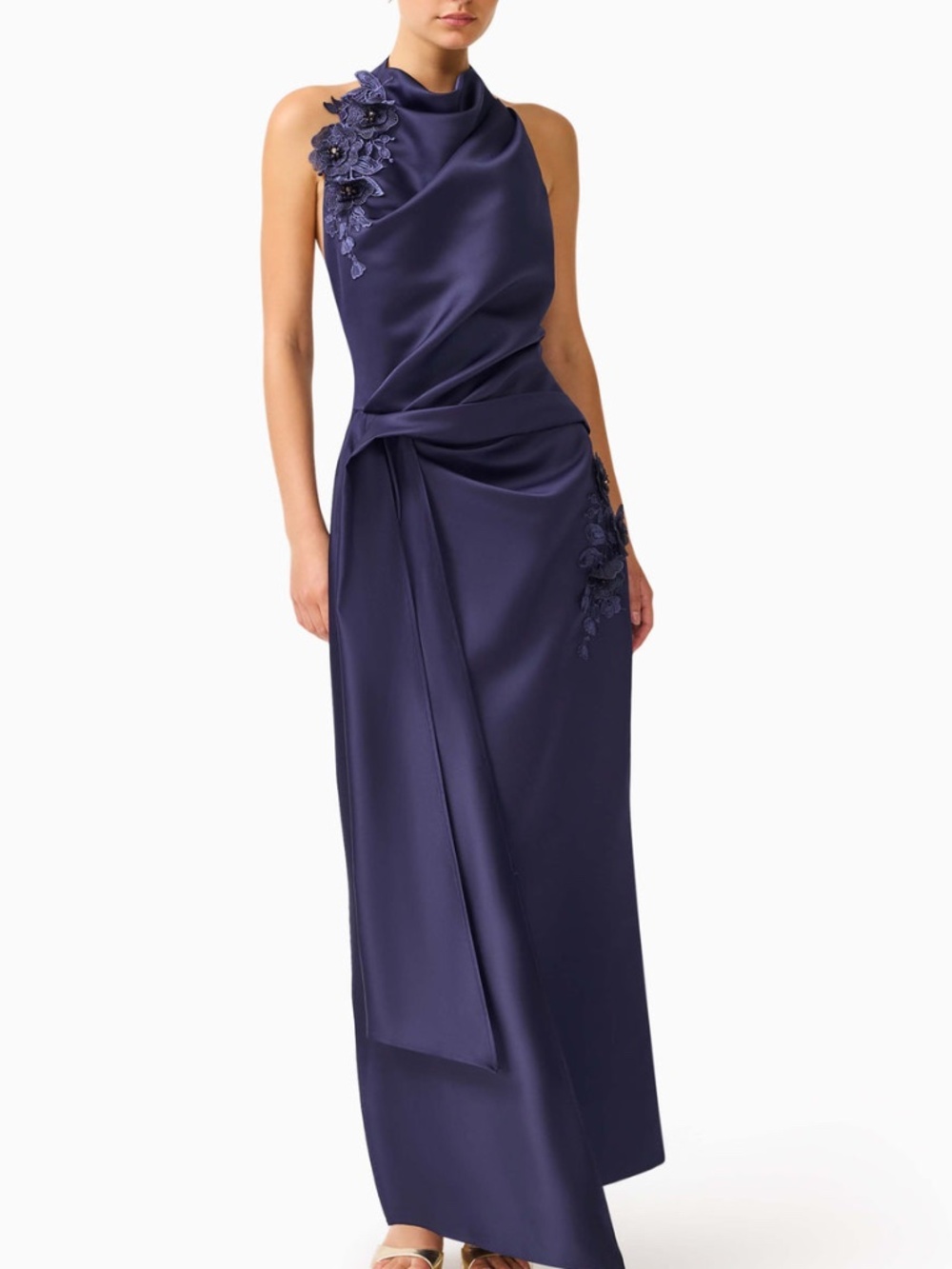 ELLIATT Florea Halter Gown Navy Blue Floral Drape Sash Appliqué - Small